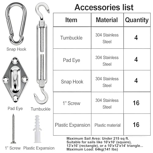 YOFIT 44 Pcs Shade Sail Hardware Kit 6 Inch Outdoor Sun Sail Accessories | 304 Stainless Steel Turnbuckles & Brackets for Triangle/Rectangle Sails, Patio Canopy Installation Hardware Set - size: 6 inch 44 pcs