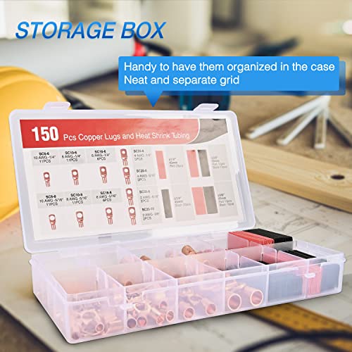 Nilight 150PCS Copper Wire Lugs and Heat Shrink Tubing | Heavy Duty 70PCS Battery Crimp Terminal and 80PCS 3:1 Heatshrink Tubes for 2 4 6 8 10 AWG Wires Distribution Box Battery Cable Solar Systems - color: 150PCS Copper Wire Lugs