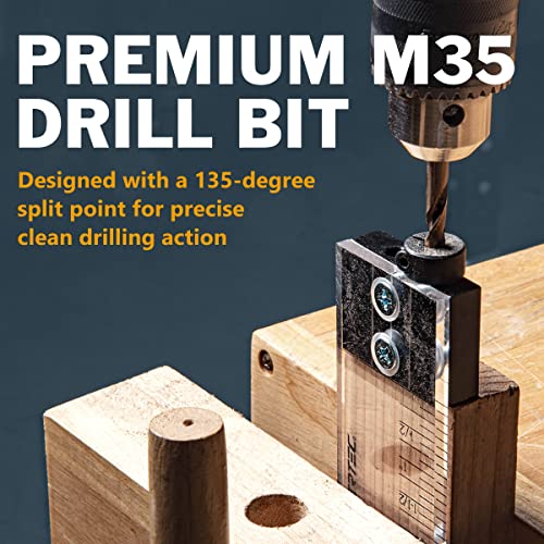 POWERTEC 72065 1/4" Dowel Drilling Jig & 100pk 1/4" Shelf Peg Set with Laser Cut Alignment Marker with Depth Scale, Cobalt Drill Bit, Split Ring Stop Collar & Spoon Shaped Shelf Pins Support Pegs - style: 1/4" Dowel Drilling Jig Set w/Pegs (100PK)