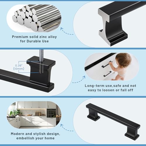 KNOBWELL 6 Pack Matte Black Solid Cabinet Pulls 3-3/4 Inch(96mm) Hole Center Kitchen Cabinet Handles,Cabinet Hardware for Cupboard Drawer Pulls - color: Matte Black, size: Hole Center：3-3/4 inch（96mm）
