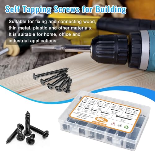 460PCS Black Stainless Steel Wood Screws Assortment Kit, 18 Sizes #4#6#8#10#12 Pan Head Sheet Metal Screws Self Tapping Screws Set for Wood Deck Drywall Concrete Screws, Length 1/4" to 2" - style: Black Pan Head 460PCS