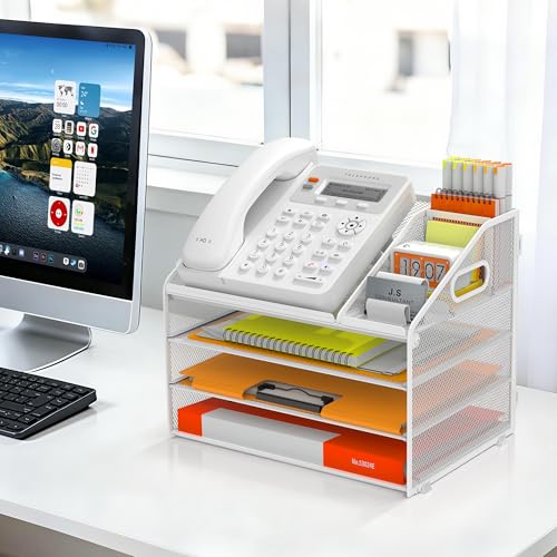 DocNest 4 Tier Metal Mesh Desk File Organizer with Phone Shelf, White - color: White, size: 12.6" x 9.1" x 10.3"
