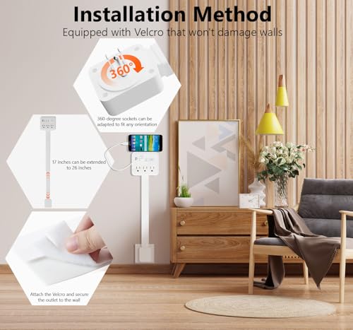 Electrical Outlet Extender Stick, 3 AC Outlets with 4 USB Port, 17-26 Inch Adjustable Length, 360° Rotating Plug, Wall Socket Expander for Hard-to-Reach Outlets Behind Couch, Nightstand, Bed, Desk