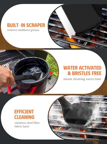 MEKER Grill Brush Bristle Free, Grill Cleaner Brush with 5 BBQ Replacement Head for Cast Iron, Stainless Steel Grates, Safe Grill Scraper Outdoor BBQ Grill, Black - color: Black-brush+5 Heads