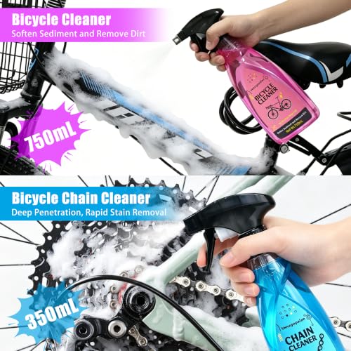 17PCS Bike Cleaning Kit, Bicycle Cleaner Toolbox with All-Weather Chain Lube, Chain Scrubber, Degreaser, Body Cleaner, Brushes, Sponge, Towel & Gear Floss for MTB/Mountain/Road/E Bikes