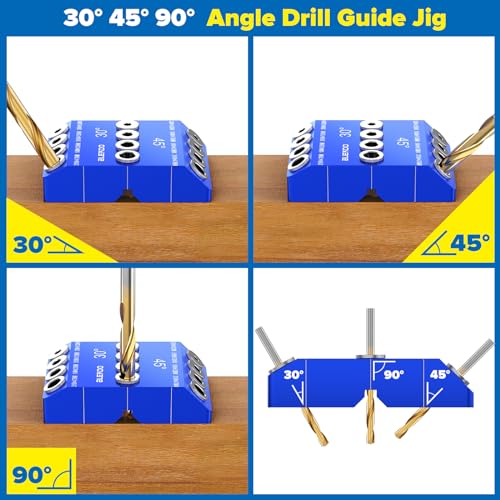 BLEKOO Blue Angled Drill Guide Jig with 4 Bits for Wood Posts & Cable Railing Lag Screw Kit, Durable All Metal Drill Jig for Drilling 30°, 45°, 90° Degree Angle Holes - color: Blue