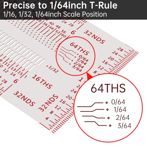 6" Precision Marking T-Rule, Stainless Steel Scribe Line Ruler with Holes for Cutting Sawing, Scribing Ruler Woodworking Marking Tools Carpenter Draft Measuring T-Square with Stops (Red, 6 inch) - size: 6 inch