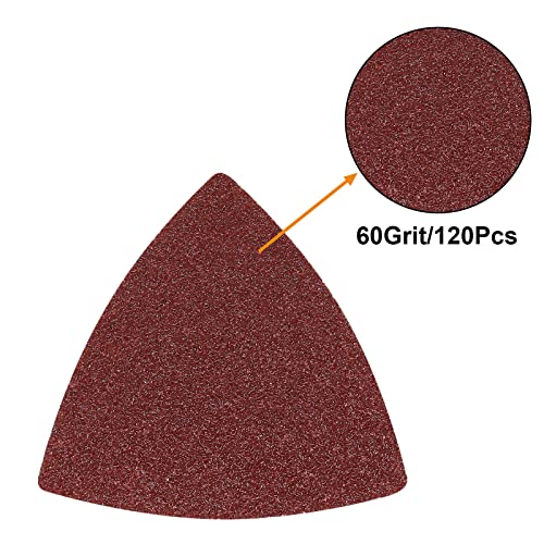 120 Pcs Triangle Sanding Pads, 60 Grits Detail Sander Sandpaper Hook and Loop Sanding Sheet,3-1/8"(80mm) Triangular Sandpaper for 3-1/8" Oscillating Multi Tool, No Holes - size: 60 Grit, style: No Hole