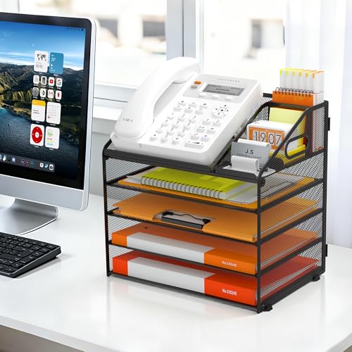 DocNest 5 Tier Metal Mesh Desk File Organizer with Phone Shelf, Black - color: Black, size: 12.6" x 9.1" x 13.3"