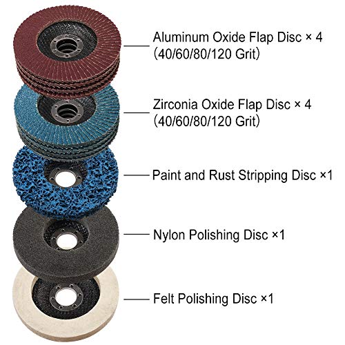 LotFancy Flap Disc 4 1/2 inches, 11 Grinding Polishing Discs Set for Angle Grinder, 40 60 80 120 Grit Assorted Pack, Sanding Wheels, Strip Disc, Nylon & Felt Polishing Disc Kit - style: 11 Pack Set