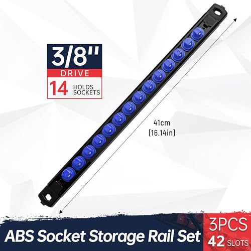 Reniteco Magnetic Socket Organizer, 3/8-Inch Drive ABS Sockets Rail, Heavy Duty Sockets Holder, Socket Rack Kit 3/8-Inch x 14 Clips - color: Blue, size: 3/8" DR
