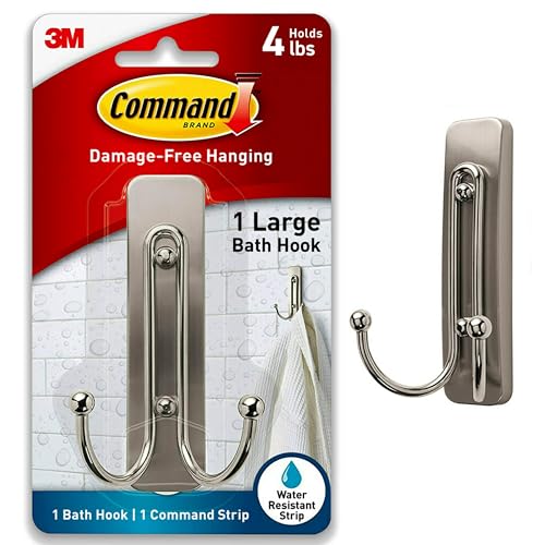 Command Large Satin Nickel Bath Double Hooks, 1 Hook, 1 Strip