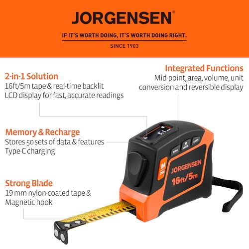 JORGENSEN Digital Tape Measure,16Ft Rechargeable Digital Measuring Tape