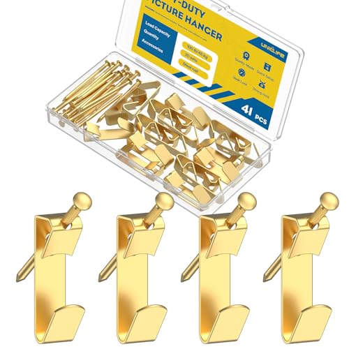 Uniclife 20 Pcs 100 lb Heavy Duty Picture Hangers for Drywall & Wood, Picture Hanging Hooks with Nails, Picture Hanging Hardware, Frame Hooks Picture Hooks for Hanging Photos Mirrors Paintings - size: 20 Pcs(100 lbs), style: Gold