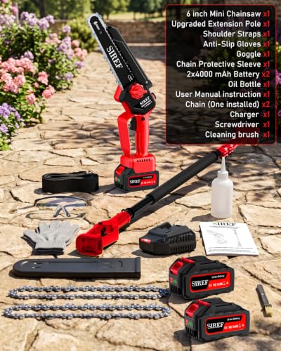 2-in-1 Electric Pole Saw 6“ Mini Chainsaw Cordless Brushless 2x4.0Ah Batteries Fast Charger Telescopic Power Pole Saw Tree Trimmer Limb Branch Cutter Pruner 16 Ft Max Reach Multi-Angle Red - color: Red-2 Batteries