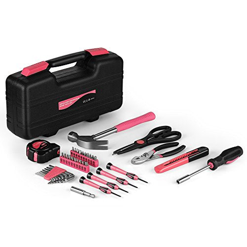 Flexzion 39 Piece Hand Tool Kits with Case - Compact Tool Kit for Handyman, Homeowners DIY - Household Tool Kit for Home with Portable Basic Tool Set Case, Pink - color: Pink & Black