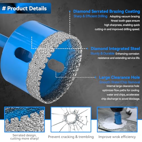 Diamond Hole Saw Tile Drill Bits Kit, 11 PCS Serrated Brazing Core Drill Bit Set with EVA Hole Saw Guide Jig, Hole Saw Sets for Ceramic, Glass, Tile, Marble, Granite, Gypsum - size: K2-6/8/10/12/20/25/28/32/35/45/50 MM