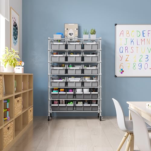 7-Tier NSF 16-Bin Steel Wire Shelving Rack, 36"W x 14"D x 56"H, Gray | 16 slide-out bins with tilt-lock design keep supplies organized and accessible - color: Gray, size: Includes 16 Bins
