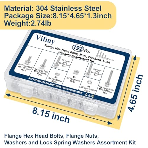 M8-1.25 Flange Bolt & Nut (16/20/25/30/35mm) Kit Stainless 192Pcs - size: SS Metric M8