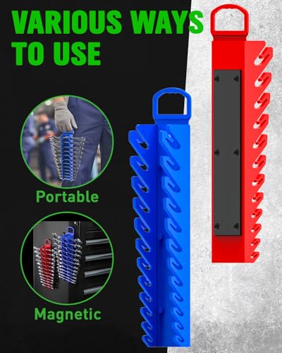 SWANLAKE 2-Piece Magnetic Wrench Organizer Toolbox Holder, SAE (1/4'' to 15/16''), Metric (6mm to 24mm) Ratchet Wrench Organizers, Total Hold 24 Slots Wrenches Holder for Tool Box - style: 24-Slot Red&Blue