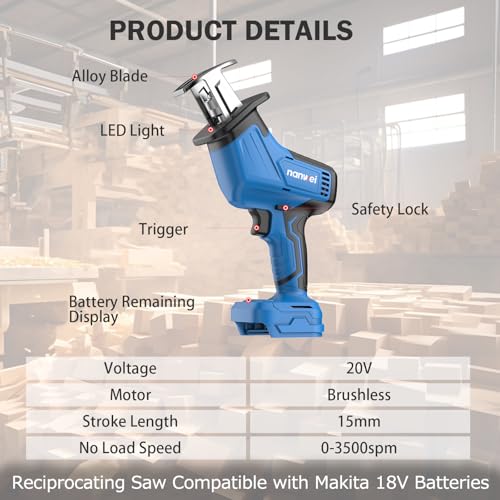 NANWEI Cordless Reciprocating Saw, 20V Brushless Motor 3500RPM Variable Speed, 2×4.0Ah Batteries, Tool-Free Blade Change, LED Light, 6 Blades, Portable for Wood/Metal/PVC Cutting (4.0Ah Batteries)