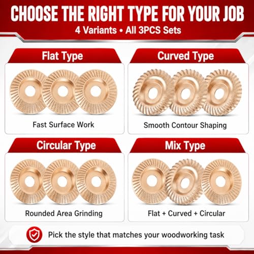 Tungsten Carbide Wood Cutting Wheel Carving Disc Shaping Attachments Set for Shaping Sanding Grinding Blades Heavy Duty Angle Grinder Polishing Pad for 4" & 4-1/2" Woodworking (Curved Type*3) - color: Curved Type*3