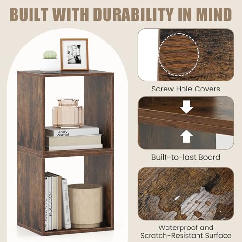 2 Stackable Cubes Bookcase, Wooden Cubby Storage Organizer - color: Rustic Brown