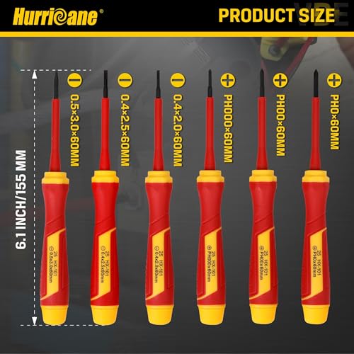 HURRICANE 6-Piece Insulated Precision Screwdriver Set, 1000V VDE Certified Small Electrician Screwdrivers with Magnetic Tips, PH000-PH0 & SL2.0-3.0mm for Terminal Blocks, Household Electrical Repairs - size: 6 pc Basic Mini Insulated Screwdriver
