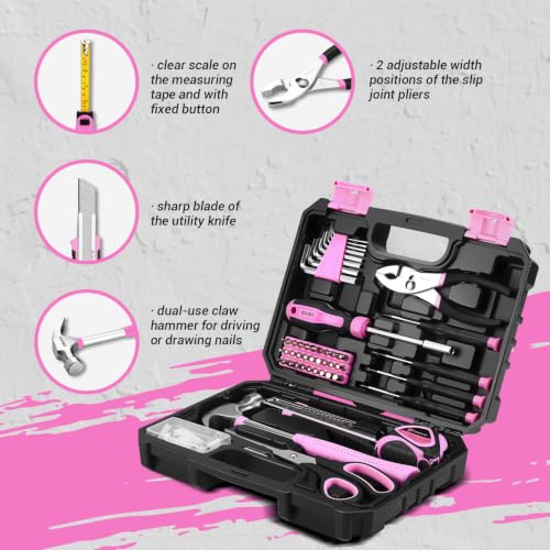 DEKOPRO 50 Piece General Household Hand Tool Kit with Plastic Toolbox Storage Case, All Purpose Home Tool Kit Includes Essential Tools for Office College Repairs - Pink - color: Pink-50pcs