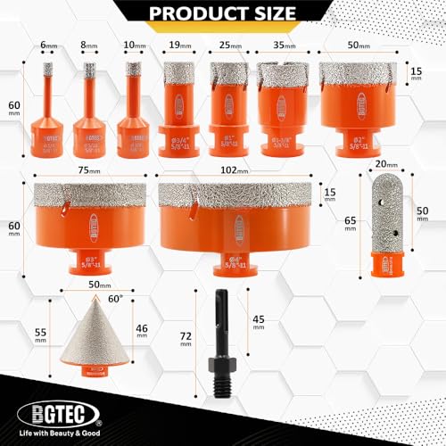 BGTEC Diamond Core Drill Bit 8PCS, Tile Hole Saw Kit 1/4" - 4" - size: 12 pcs - 6/8/10/19/25/35/50/75/102mm, style: Flash Toothed