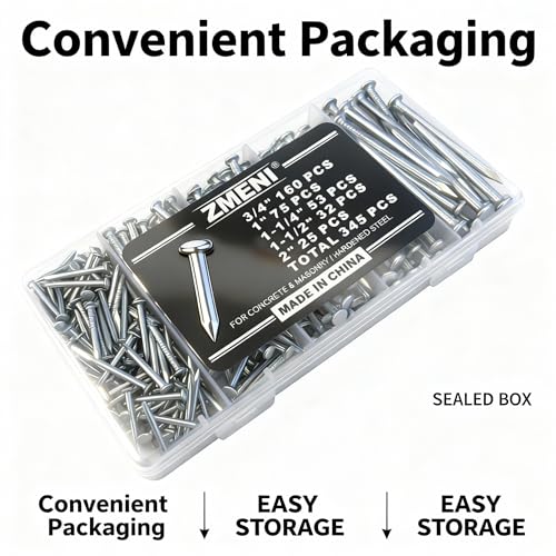 Picture Hanging Nails for Concrete Wall - 345 Pcs Masonry Nails Kit, 5 Sizes (3/4"-2"), Hardened Galvanized Steel for Brick & Drywall with Box - size: Kit-345 PCS