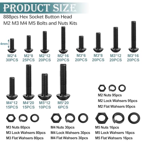 mxuteuk 888PCS Metric Screw Assortment Kit,M2 M3 M4 M5 Machine Screws,10.9 Grade Alloy Steel Metric Hex Button Head Cap Screws Nuts and Flat Washers Assortment Kit for 3D Printing - size: 888PCS M2-M5