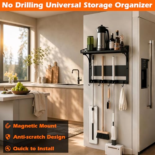 MUTUACTOR Heavy Duty Magnetic Broom Holder,Anti-slip Magnetic Tool Rack with Top Utility Shelf, Easy Assembly Broom Mop Organizer for Refrigerator Metal Cabinet Laundry Room Kitchen,3-Clamps 4-Hooks - style: Heavy Duty Broom Holder with Shelf,1PCS