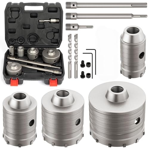 DAIMIT 9PCS Concrete Hole Saw Kits with 2 Drill Bits and SDS Plus & Max Shank, Hole Saw Tool Set for Concrete Cement Brick Stone Wall Drilling, Kit Size 65 80 100MM - size: 65 80 100MM