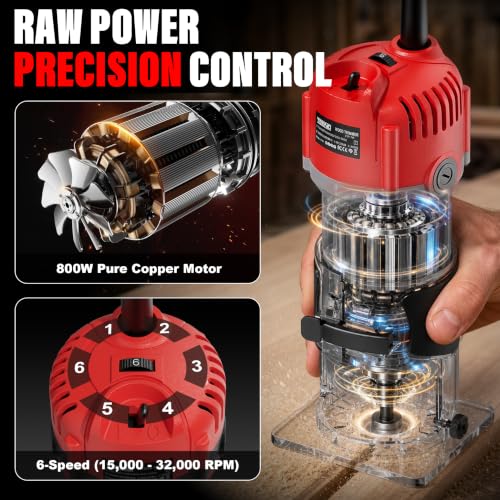 TEENO Wood Router Tool, 6.5 Amp 1.25 HP Wood Routers for Woodworking, 6 Variable Speeds, Aluminum 1/4" Compact Router With 15-Pc Tungsten Carbide Router Bits, Edge & Roller Guides, Carrying Case - color: Silver Red