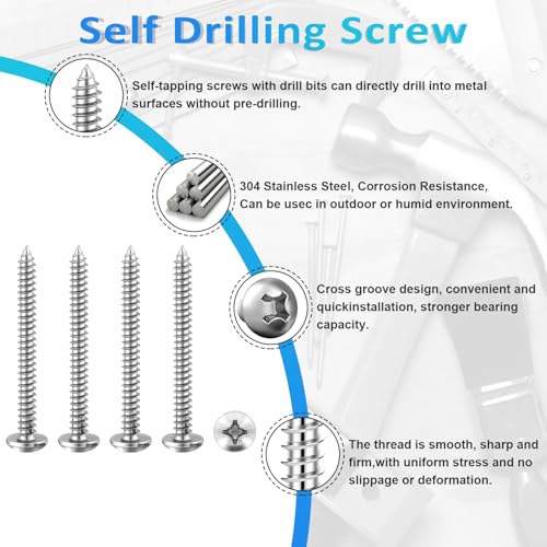 100PCS #8 x 1-1/2" Wood Screws, Pan Head Stainless Steel Sheet Metal Screws, Fast Self Tapping Screws for Deck Drywall Concrete Screws with Screwdriver Bit - style: Silver #8X1-1/2" Pan Head 100PCS