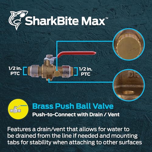 SharkBite Max 1/2 Inch Ball Valve with Drain Vent and Mounting Tab, Push to Connect Brass Plumbing Fitting, PEX Pipe, Copper, CPVC, PE-RT, HDPE, UR24615A - size: 1/2 in.