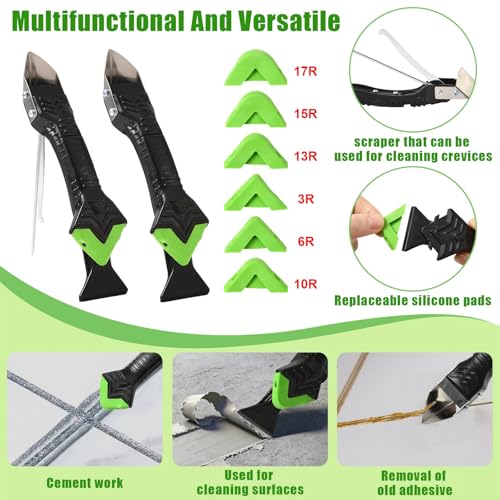 XhuangTech Caulking Tool, 5 in 1 Caulk Remover Sealant Fishing Tool with Grout Remove Scraper, 6 Replaceable Silicone Pads, Adhesive Residue Scraper Seam Repair Tool Kit for Kitchen/Bedroom/Joint