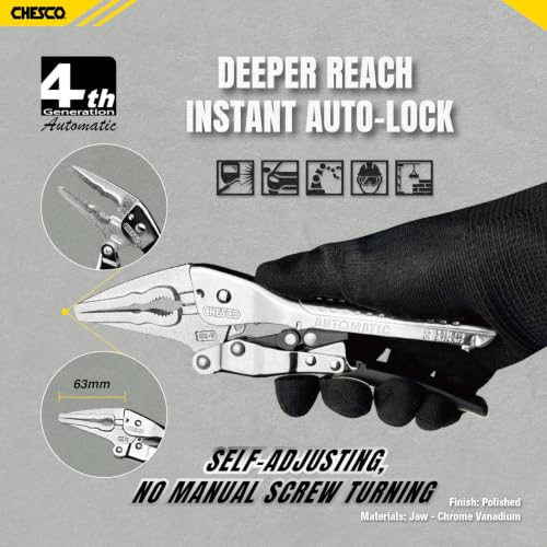 CHESCO 7" Long Nose 4th Gen Self-Adjusting Locking Pliers, One-Hand Auto-Lock Design, Heavy-Duty Cr-V Steel Professional Hand Tool for Automotive, Plumbing & DIY - size: 7 Inch