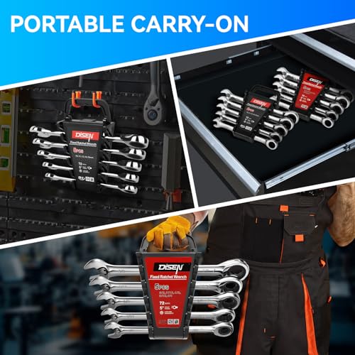 DISEN 10Pcs Ratcheting Wrench Set SAE & Metric Ratchet Wrench Set with Rack Organizer, Premium CR-v Steel, 12 Point, 72 Teeth,Box End and Open End Ratcheting Wrench Set,Metric 10-15mm&SAE 3/8''-5/8'' - size: 10pcs metric & sae set