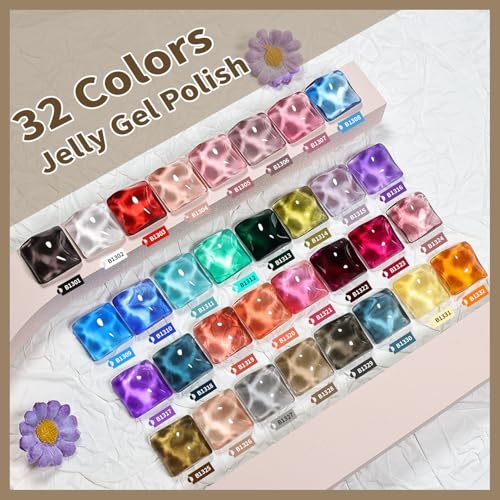 JODSONE Jelly Gel Nail Polish Kit 32 Classic Colors Crystal Transparent High Shine Base & Top Matte Glitter Coat - color: B28