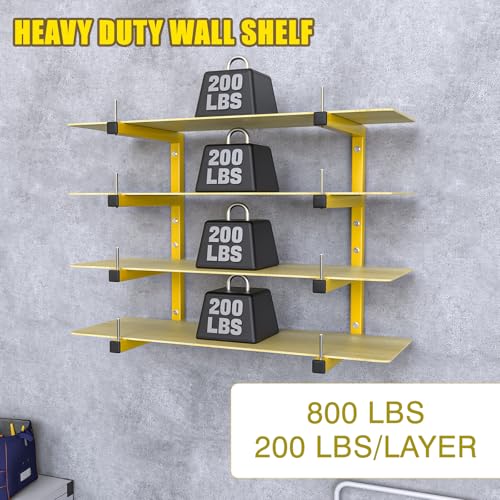 2-Pack Lumber Storage Rack, Wood Storage Racks Wall Mount, Heavy Duty Garage Wood Organizer with 4-Level System, Yellow Utility Rack Organization Up 800 Lbs, Metal Lumber Shelf for Indoor and Outdoor - color: Yellow, size: D– 2 Pack, 4-Tier