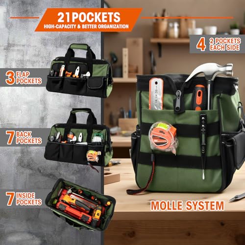 LLNDEI Heavy Duty Tool Bag, 15.7 Inch Portable Tool Organizer With 16-Pocket, Adjustable Strap & MOLLE System,Ideal Gift For Men & Fathers