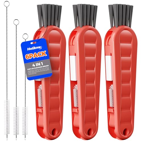 Holikme 6 Pack 4 in 1 Cup Lid Cleaning Brush 3 Straws Bottle Brush,Red - color: Red