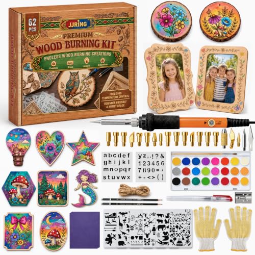 JJRING Wood Burning Kit - 62PCS Professional Wood Burning Tool With Adjustable Temperature Pyrography Pen, 24-Color Paint Set, Wood Slices & Stencils, Complete Wood burner Crafts Kit For Beginners