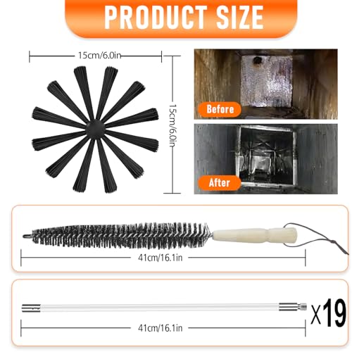 25Feet Chimney Sweep Kit,6 in Brush Head,Dryer Vent Cleaner Kit, Chimney Sweep&Chimney Cleaning Kit, Rotary Chimney Cleaning System for Flue/Fireplace/Sewage Pipe/Hood with 19 Nylon Flexible Rods - color: Regular, size: 25FT