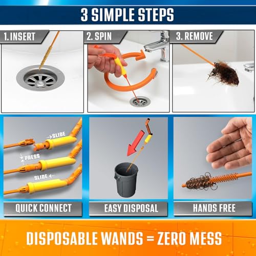 FlexiSnake Drain Weasel Sink Snake Hair Clog Remover Tool Kit, 3 Wands