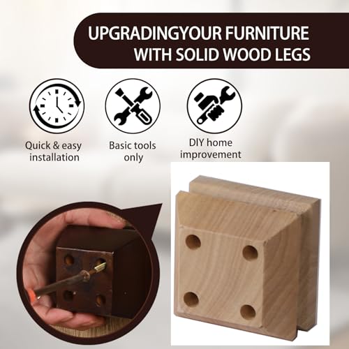 Unfinished Oak Furniture Legs - Heavy Duty Mid Century Solid Wood Replacement Sofa Legs Set of 4 for Couch Bench Bed Dresser Coffee Table (Natural 3" H*3.15" W) - color: Plain Wood Color, size: 3"H*3.15"W (No Hanger Bolt)