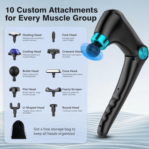 Foldable Heat Cold Massage Gun, 9 Speeds 10 Heads Cordless Handheld Percussion Massagers, Portable Electric Muscle Pain Relief Massager Gifts for Men Women Dad