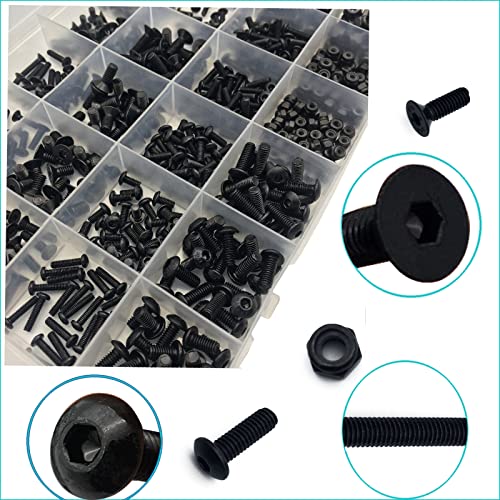 600pcs Metric Bolt Assortment M2.5 M3 M4 Alloy Steel Hex Button and Flat Head Cap Machine Screws and Lock Nuts RC Screw Kit Black Zinc Plating - size: black 600pcs hex buton haed